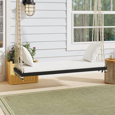 Patio Wooden Swing Chair, Hanging Porch Swing Bench With Cushion&Pillows, 10.8Ft Hemp Ropes For Garden,Backyard, Lawn,Black