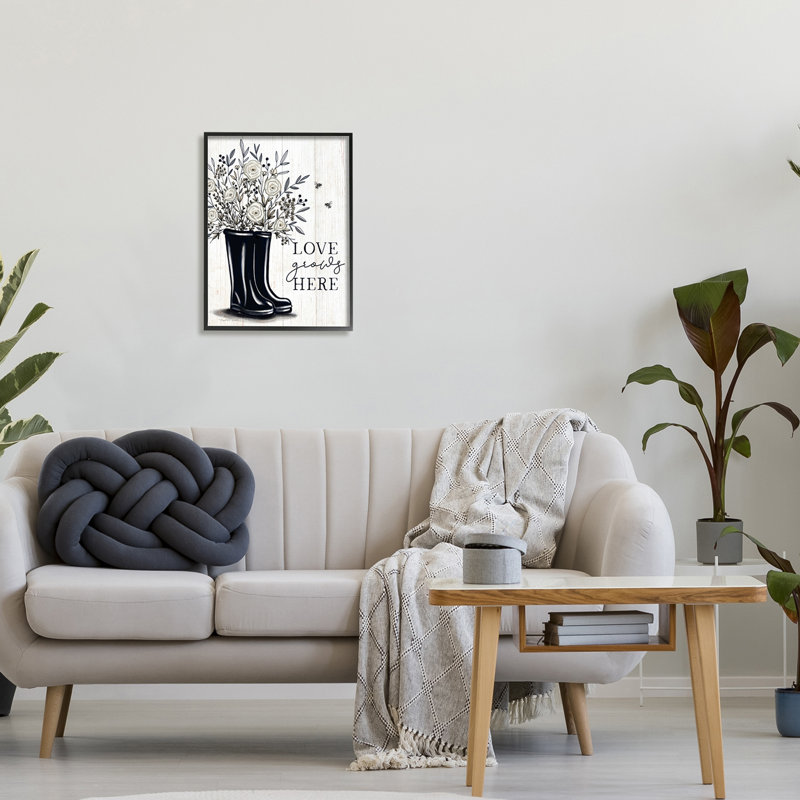 «Love Grows Here» blanc, H 16 po x l 16 po x P 1,5 po, Giclée encadrée noir minuit