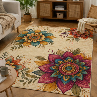 1Pcs Bohemian Floral Area Rug - Vibrant Mandala Bloom Art, Artistic Home Decor, Coemfortable & Durable, Non-Slip Backing, for Living Room, Bedroom, and Study for home detor