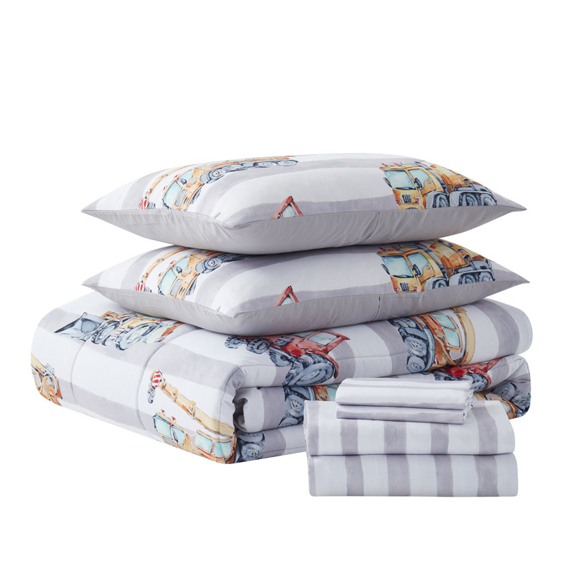 Construction Trucks Gray/Blue/Orange Comforter Set with Sheet set, Twin Comforter + 1 Standard Sham