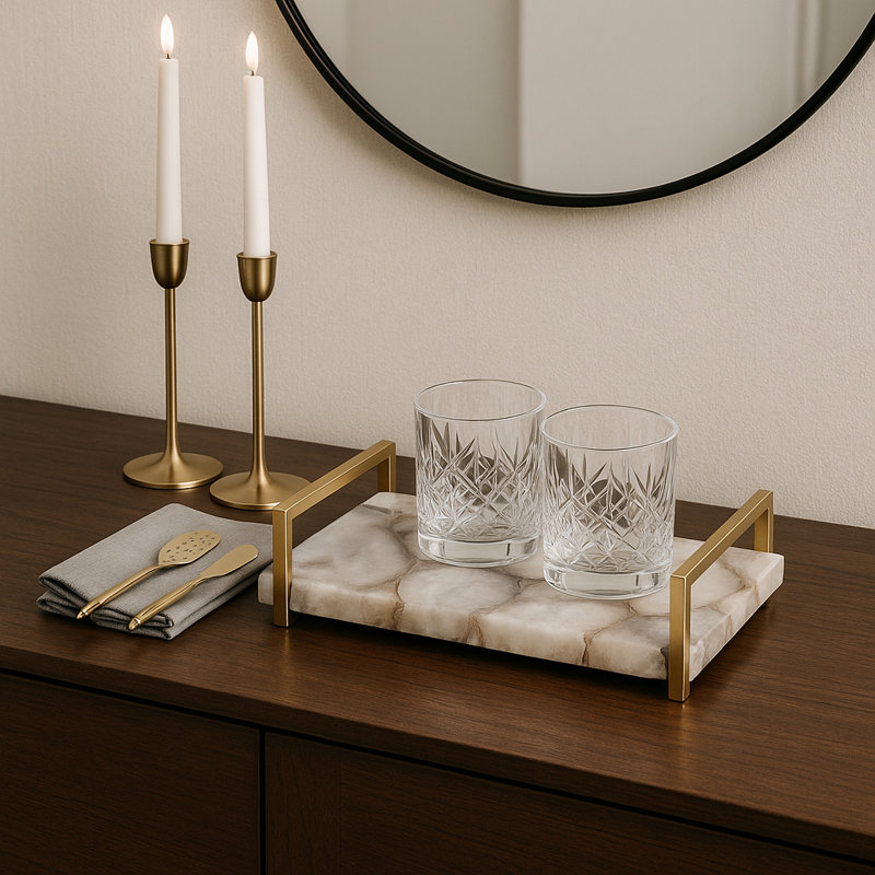 Nouh Decorative Agate Tray with Metal Handles for Home Decor - Versatile Accent Tray for Ottoman, Coffee Table, Jewelry, Kitchen, or Trinket - 14", Ivory & Tan