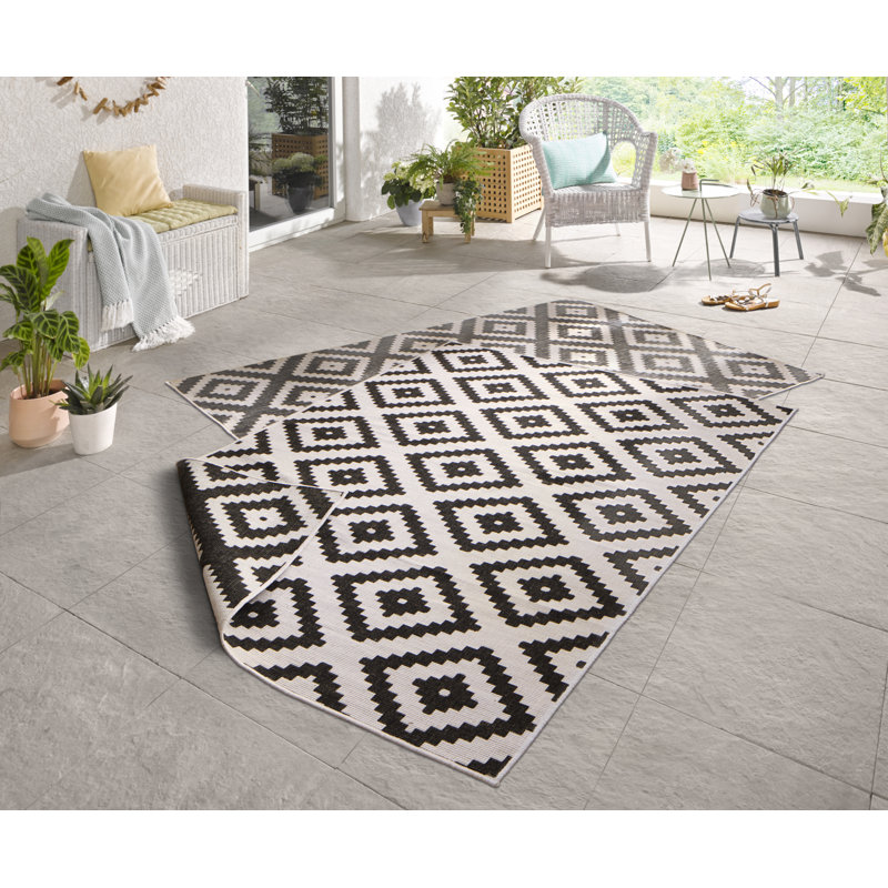 Malta - Indoor & outdoor rug, flat weave, living room, balcony, terrace, geo pattern - black cream, Rectangle 160 x 230cm