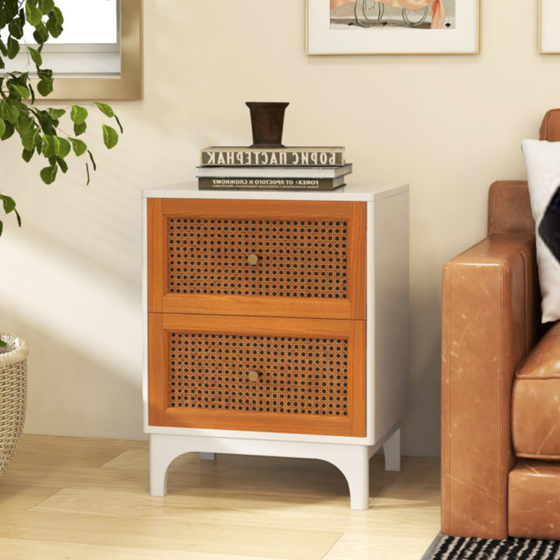 Table de chevet Boho avec 2 tiroirs décoratifs en rotin tissés à la main