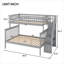 Structure de lit superposé d'escalier en pin gris ton gris avec conception divisée convertible et rangement latéral intégré, simple sur double