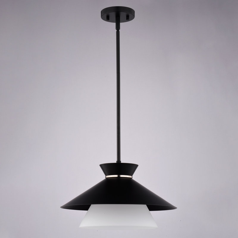 Loomis 1-Light 15.25 In. Wide Matte Black Mid-Century Modern Cone Pendant With White Frosted Opal Glass Shade, Adjustable Height, Hanging Ceiling Fixture For Dining Table Entryway Bedroom Island Foyer