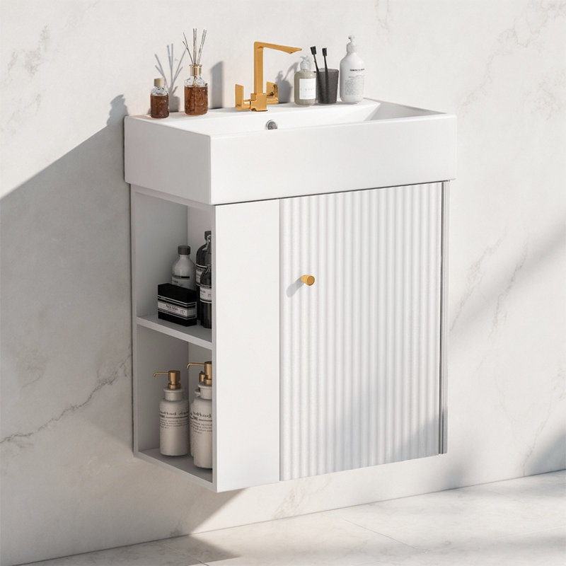 Petit meuble-lavabo flottant moderne avec cuve en céramique et rangement gauche, Doré, Blanc
