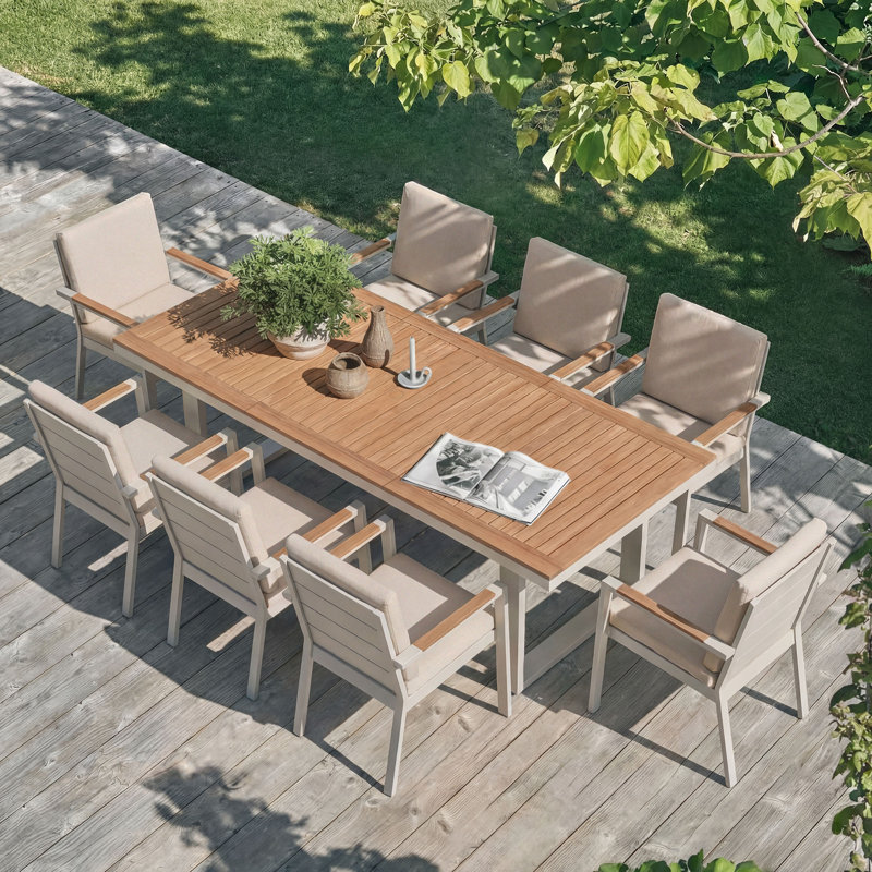 8 - Person Rectangular Outdoor Dining Set With Cushions, Champagne Cushion/Champagne Frame