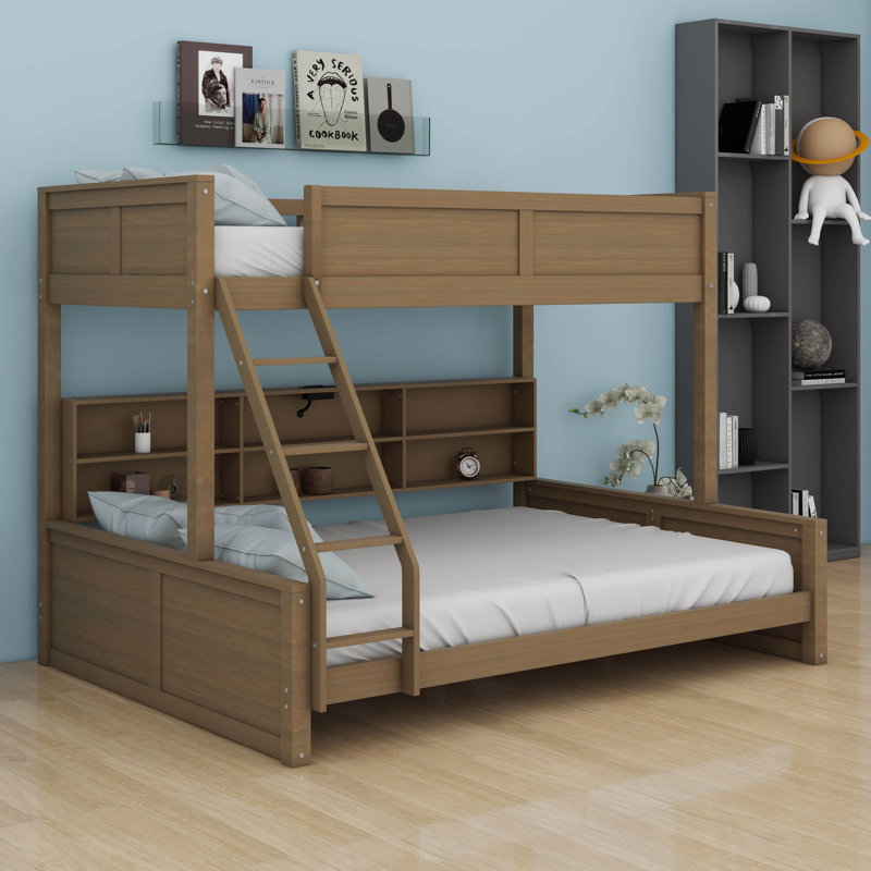 Twin XL Over Queen Bunk Bed With Storage, Solid Wood Bunk Bed With Storage Cabinets And USB Ports, Antique Wood