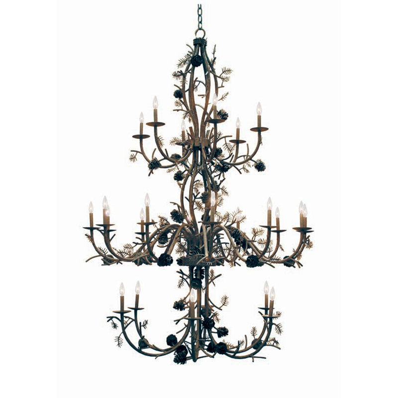 Lustre étagé 24 lumières façon bougie, Châtaignier, Pas d'abat-jour