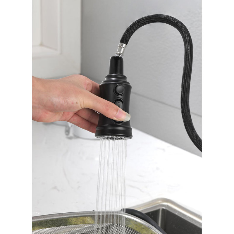 Robinet de cuisine rétractable, acier inoxydable, noir mat, poignée simple, 3 réglages de débit d'eau, robinet en acier noir de qualité avec douchette rétractable, modes de débit, surface de saleté