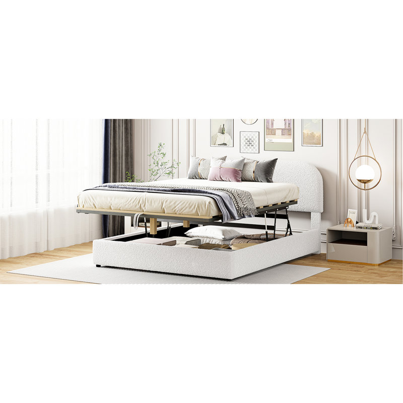 Queen Size Platform Bed With Hydraulic Storage In Fleece - White Elegant Upholstery Queen,, Queen