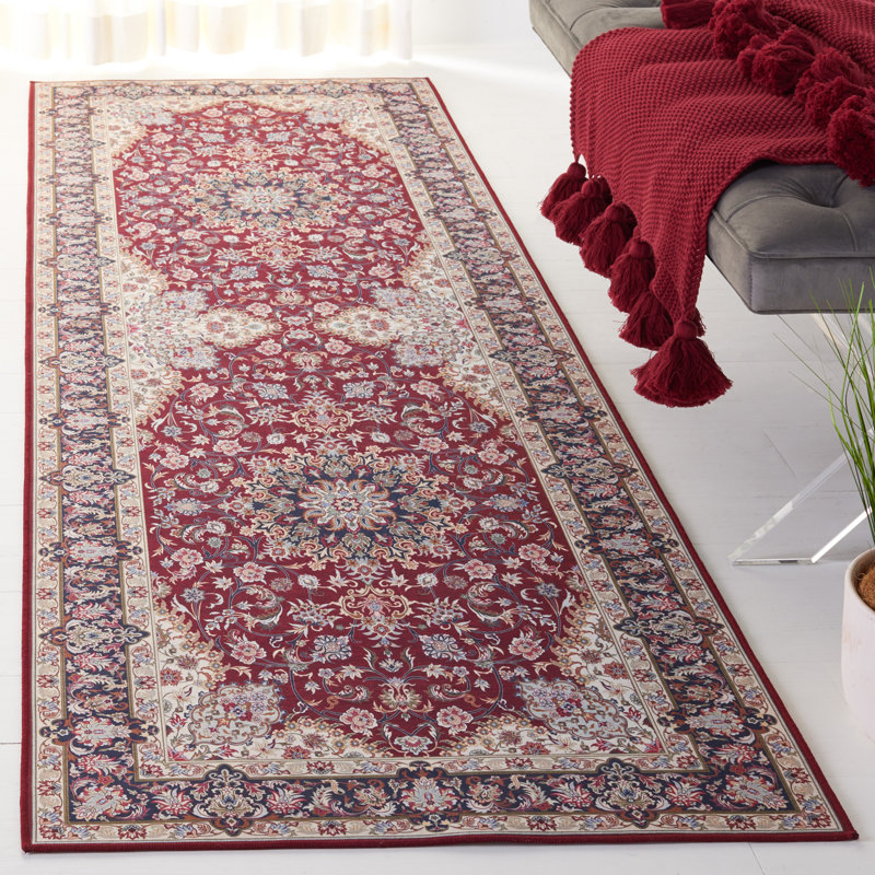 Tucson Vintage Look Machine Washable Non-Slip Area Rug in Maroon, Runner 76 x 244 cm