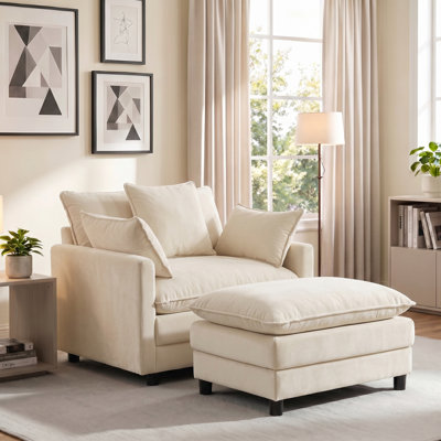 39.4" Modern Accent Chair with Ottoman, Living Room Club Chair Chenille Upholstered Armchair , Reading Chair for Bedroom, Beige Chenille