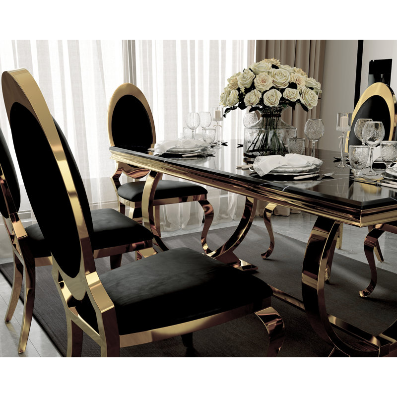 Dameion Luxury Leather Dining Room Chairs with Polished Gold Stainless Steel Legs, Black, Gold