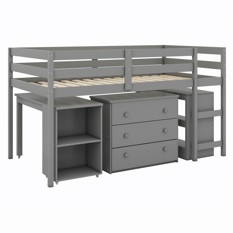 Lit mezzanine avec tiroirs et bureau portable à roulettes, Gris