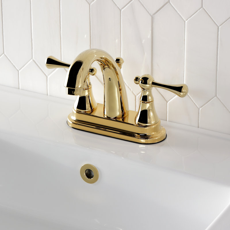 Kingston Brass English Vintage Two-Handle 3-Hole Deck Mount 4" Centerset Bathroom Faucet with Pop-Up, Polished Brass