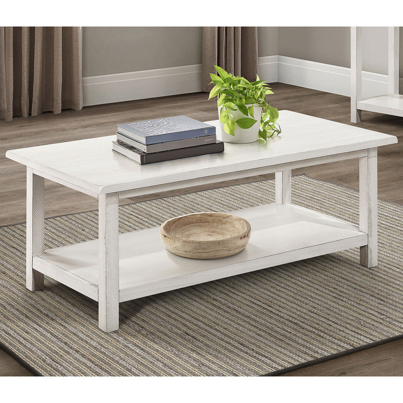 Table basse en bois blanc patiné avec tablette Castleton, Blanc antique