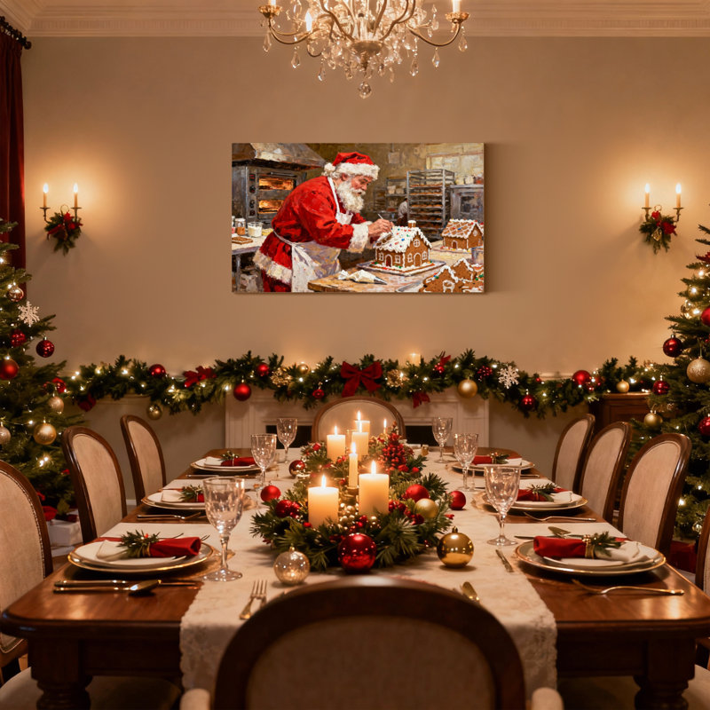 Ensemble de 3 reproductions d'art sur toile, "Christmas Santa Fabrication Gingerbread House In Kitchen", H 24 po x l 36 po
