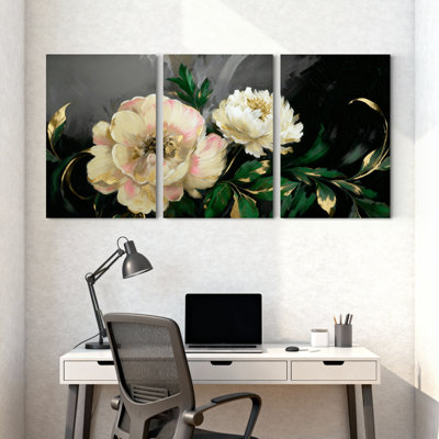 Ensemble de 3 impressions sur pivoines avec accents dorés sur fond foncé
