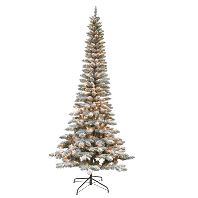 Flocked Pencil 7.5' Green Spruce Pine Artificial Christmas Tree with 250 Clear/White Lights