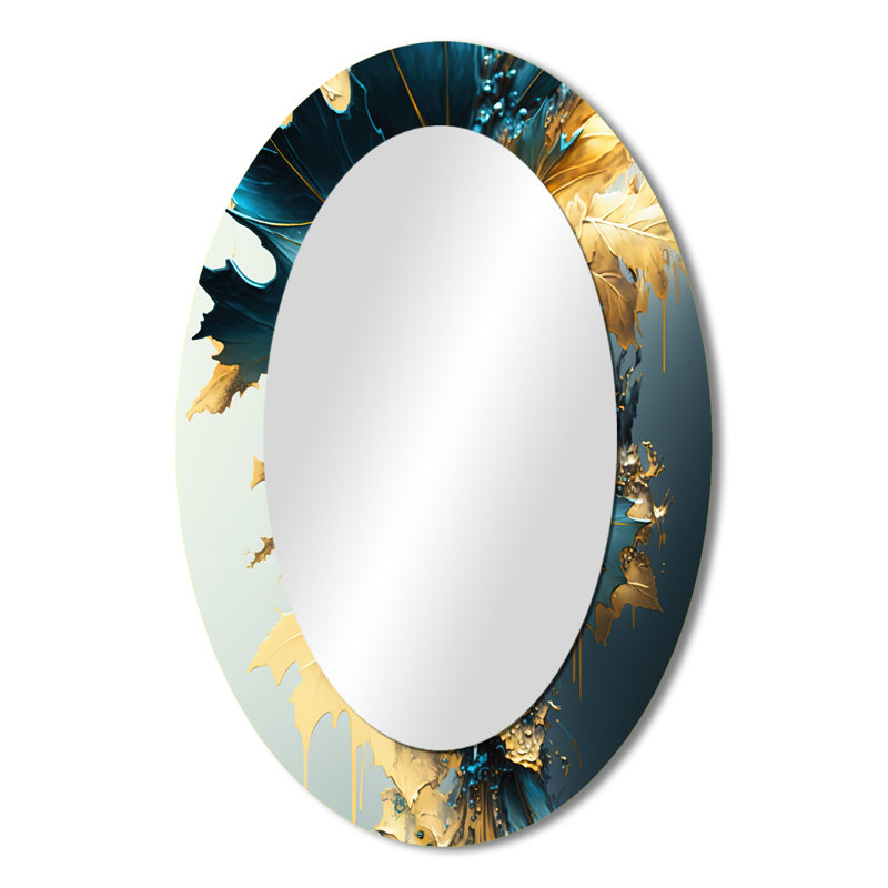 Abstract Blue And Gold Leaves II - Large Oval Wall Mirror On Metal, 36" x 24"