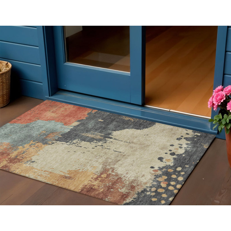 3' X 5' Rust Beige And Charcoal Abstract Washable Indoor Outdoor Area Rug