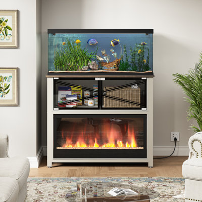 40-50 Gallon Wilton with LED Flame Light and Metal Frame -NO HEAT, Fish Tank Stand with Glass Doors, Modern Design Storage Cabinet Hold Up for 700LBS, White