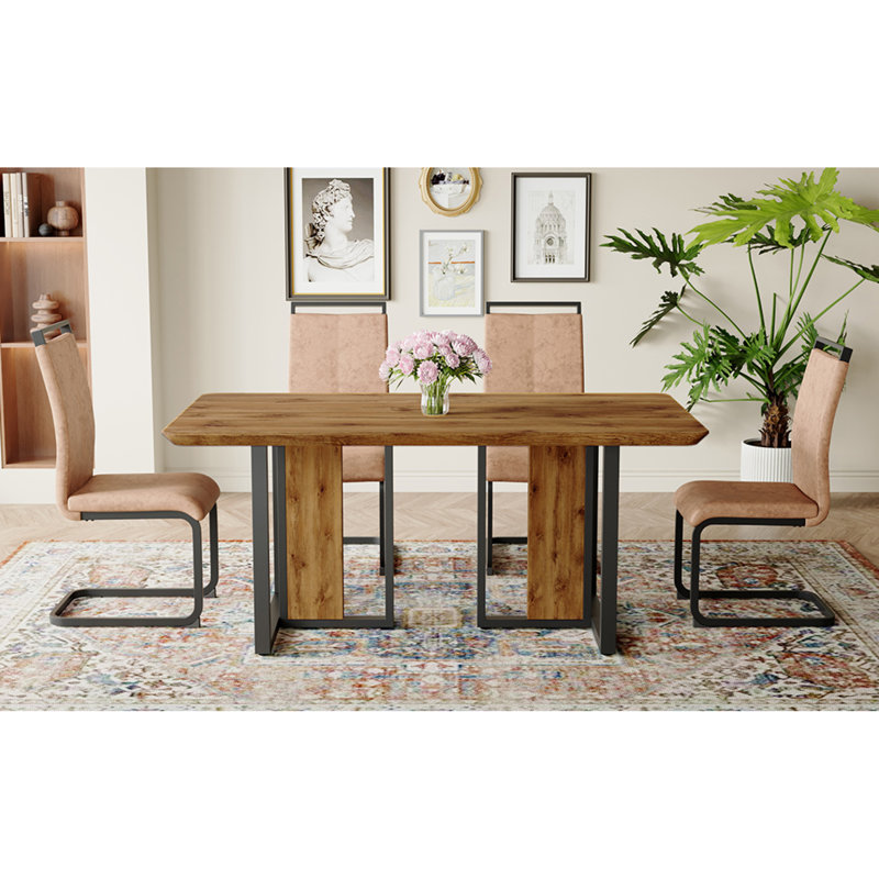 Table de salle à manger en bois MDF texturé "x 36" avec 4 chaises en tissu brun, pieds en C noir, idéal pour la cuisine et la salle à manger