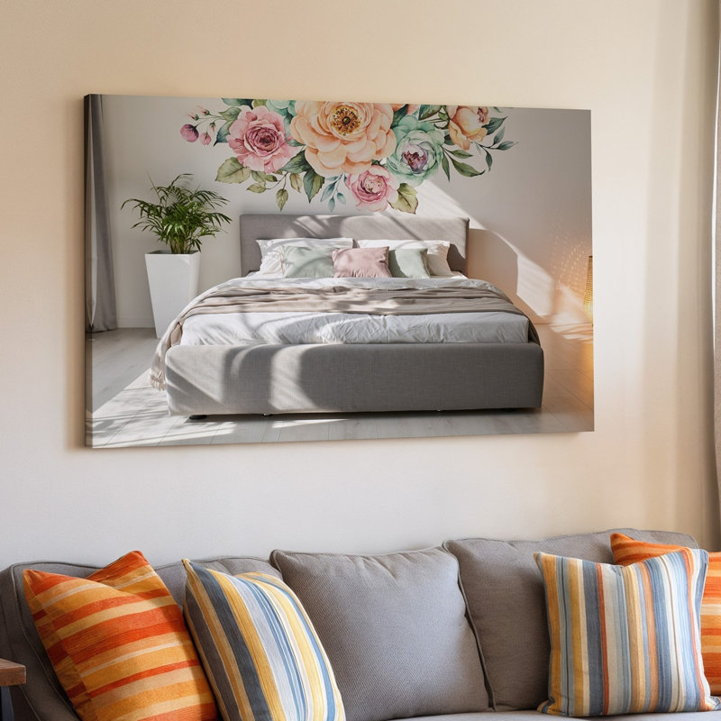 Toile, scène de chambre à coucher douillette avec un lit tapissier doux incurvé dans des tons de gris discret orné d'une literie en couches moelleuse