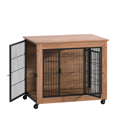 Caisse pour chien robuste de 32,5 po pour petits chiens, chenil intérieur à deux portes en métal et en panneau de particules avec roues, table de bout de style meuble, chien anxieux sécuritaire, assemblage facile à nettoyer, coffre de couleur brune