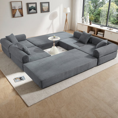 Convertible Folding L-Shaped Sectional Sofa Bed, Cloud Corduroy Fabric Sleeper with Memory Foam Mattress, 6 Configurations for Living Room, No Assembly Required