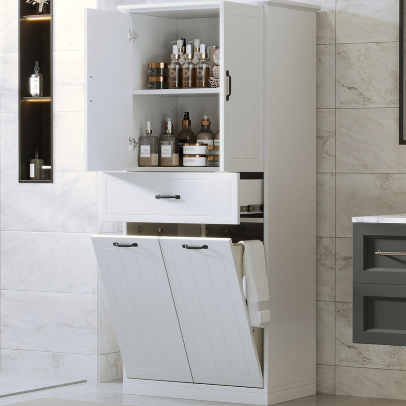 Bathroom Storage In White With Two Laundry . Board, Painted. Adjustable Shelf & Modern Design. Doors And Drawer For A Look Hygienic Clean