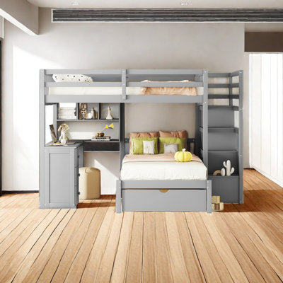 Lit superposé avec bureau, tiroirs et tablettes