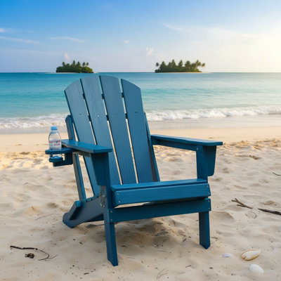 Navy Blue Composite Material Adirondack Chair, Foldable With Double Cup Holders, Suitable For Patio/Terrace Use.
