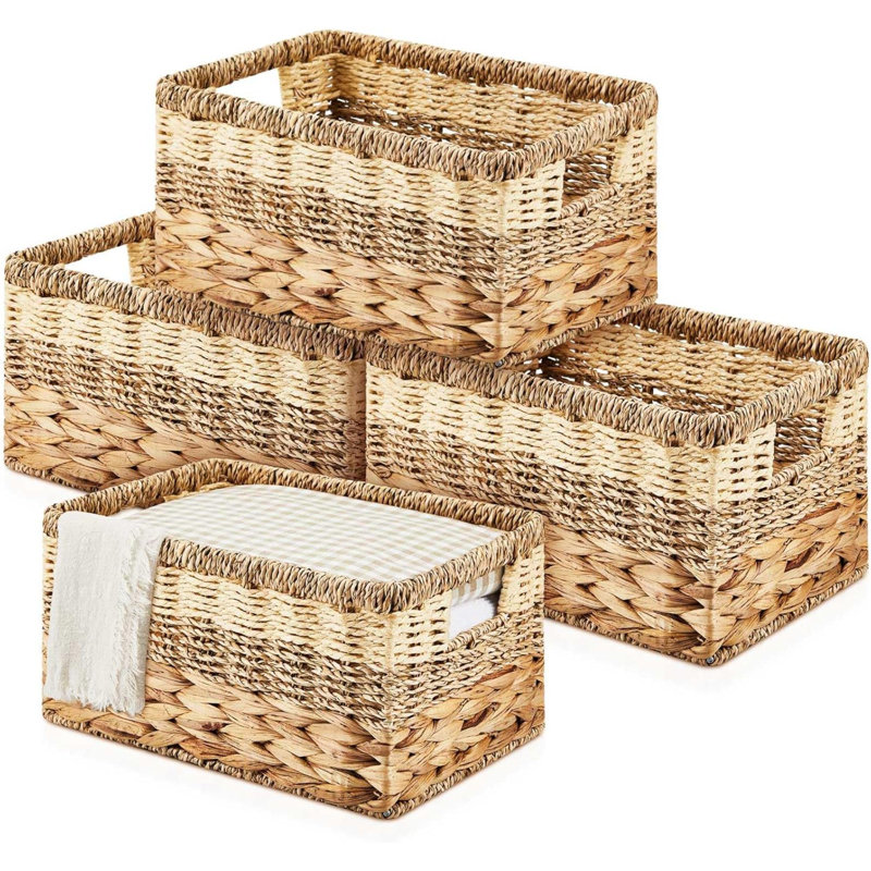 4 Pcs Wicker Storage Basket Water Hyacinth Seagrass Woven Baskets For Organizing Square Wicker Storage Cubes With Handles Natural Organizer Baskets Pack For Shelves Bedroom