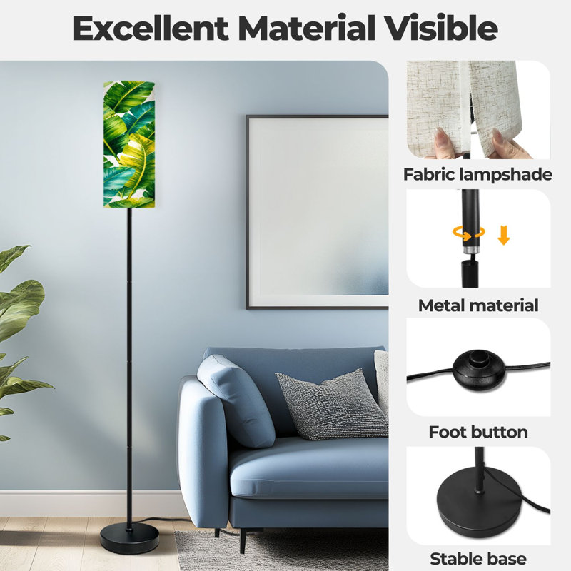  68.5" Standing Floor Lamp Tropical palm leaves jungle leaf seamless floral Dimmable Metal Pole Lamp with Linen Lampshade LED Bulb Included