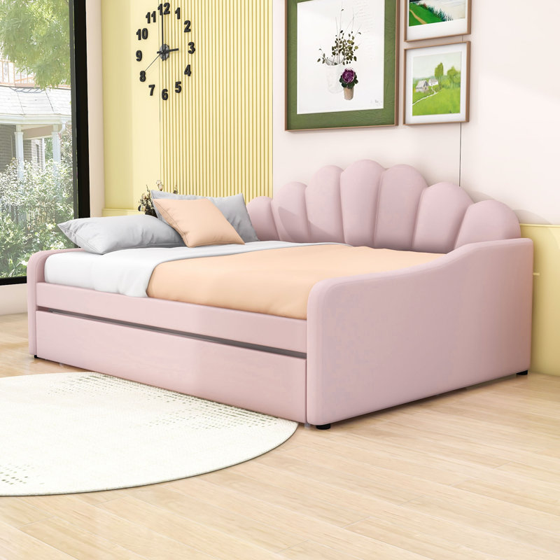 Searle Full Velvet Upholstered Daybed with Twin Trundle, Pink