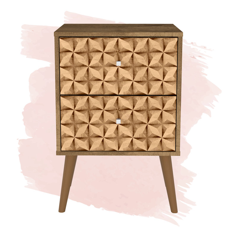 Table de chevet moderne Mid-Century à 2 tiroirs Liberty brun rustique et naturel, Brun rustique / imprimé 3D brun