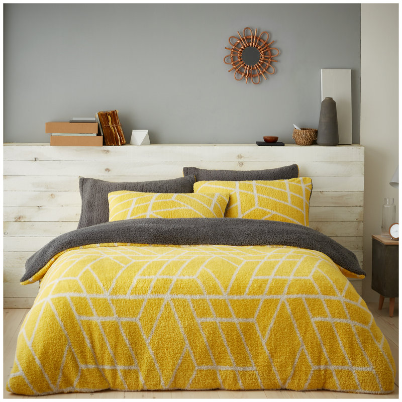 Teddy Fleece Geo Pattern Duvet Cover Set with Pillowcases, Soft Warm Winter Quilt Cover Bedding, Easy Care and Machine Washable