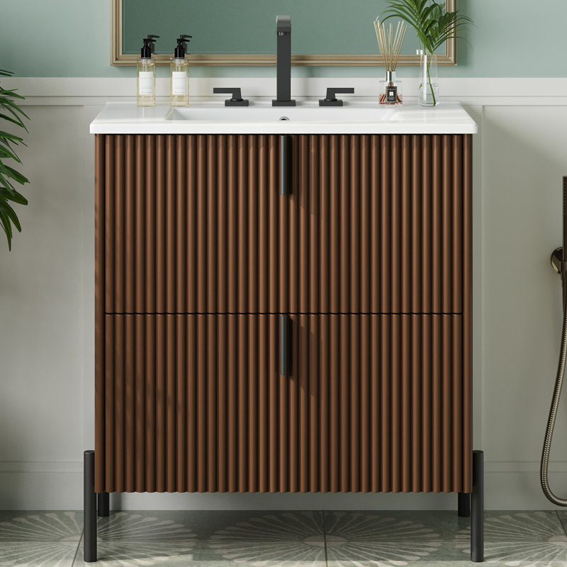 Bathroom Vanity with Ceramic Sink Soft Close Drawers and Fluted Design for Elegant Storage and Style, Dark Brown
