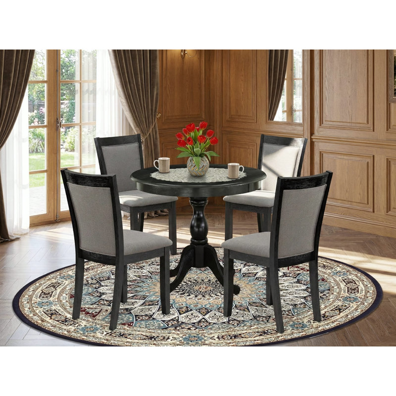 5 Piece Dinette Set Includes a Round Kitchen Table with Pedestal and 4 Dark Gotham Grey Linen Fabric Upholstered Parson Chairs, Wirebrushed Black
