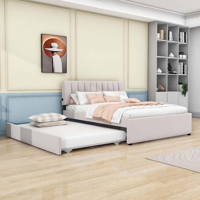 Lit plateforme tapissier avec lit gigogne et lumières DEL, Beige, Grand
