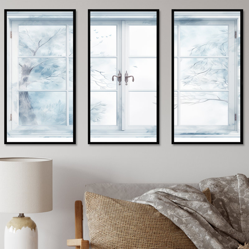 Frosty Winter Window View - Winter Landscape, art mural, H 28 po x l 36 po x P 1 po, Cadre flottant noir