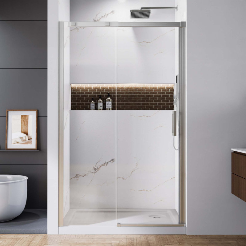 Shower Door, Aluminum Sliding Glass Shower Door With Premium 5/16 Inch (8Mm) Thick Tempered Glass, Brushed Nickel