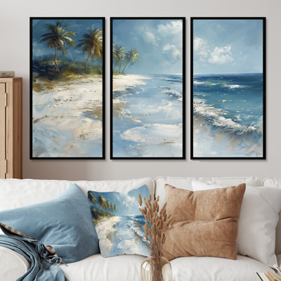 «Blue Green Palm Trees Coastal Breeze V», ensemble d'art mural palmiers et palmiers