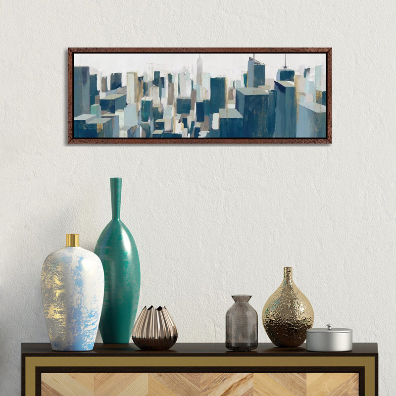The City by Isabelle Z - Panoramic Painting on Canvas, 30.48 cm H x 91.44 cm W, Classic Brown Wood Framed