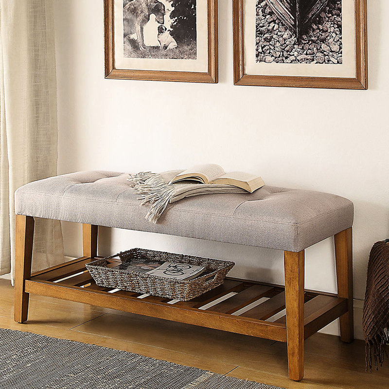 Grey Storage Bench With Wood And Oak Frame Comfortable Seat Shelf