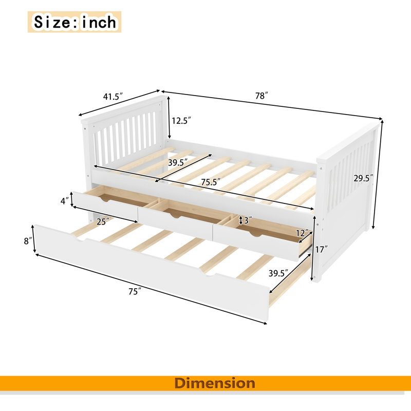 Lit plateforme simple avec tiroirs et lit gigogne, lit de jour en bois massif, sans sommier, Blanc