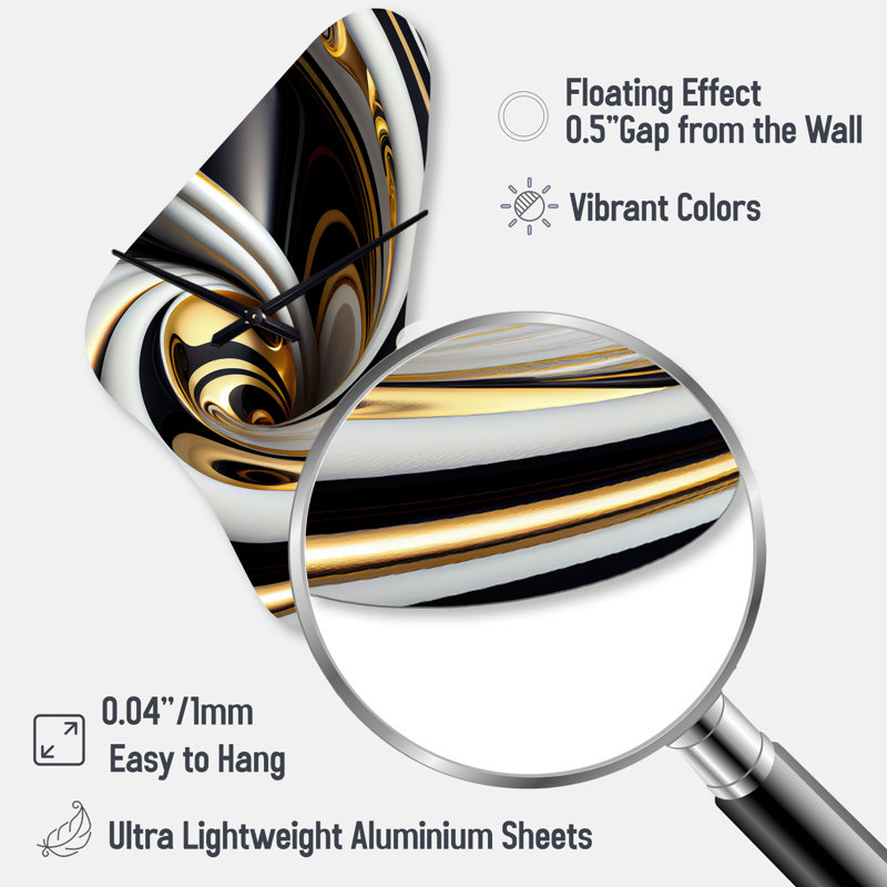 Gold Black And White Stained Glass I - Abstract Spirals Unique Shape Metal Wall Clock, Gold Asymmetrical Clock Print, Large