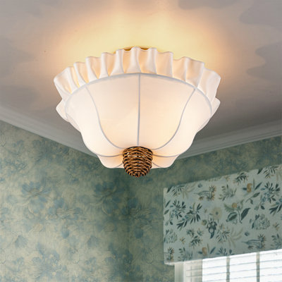 2-Light Ruffled Bowl Fabric Semi Flush Mount